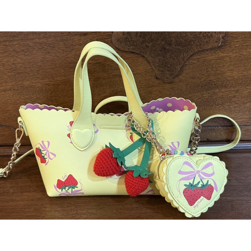VIRAL Juicy Couture Yellow Strawberry Print Tote Bag Heart Charm Coin Purse